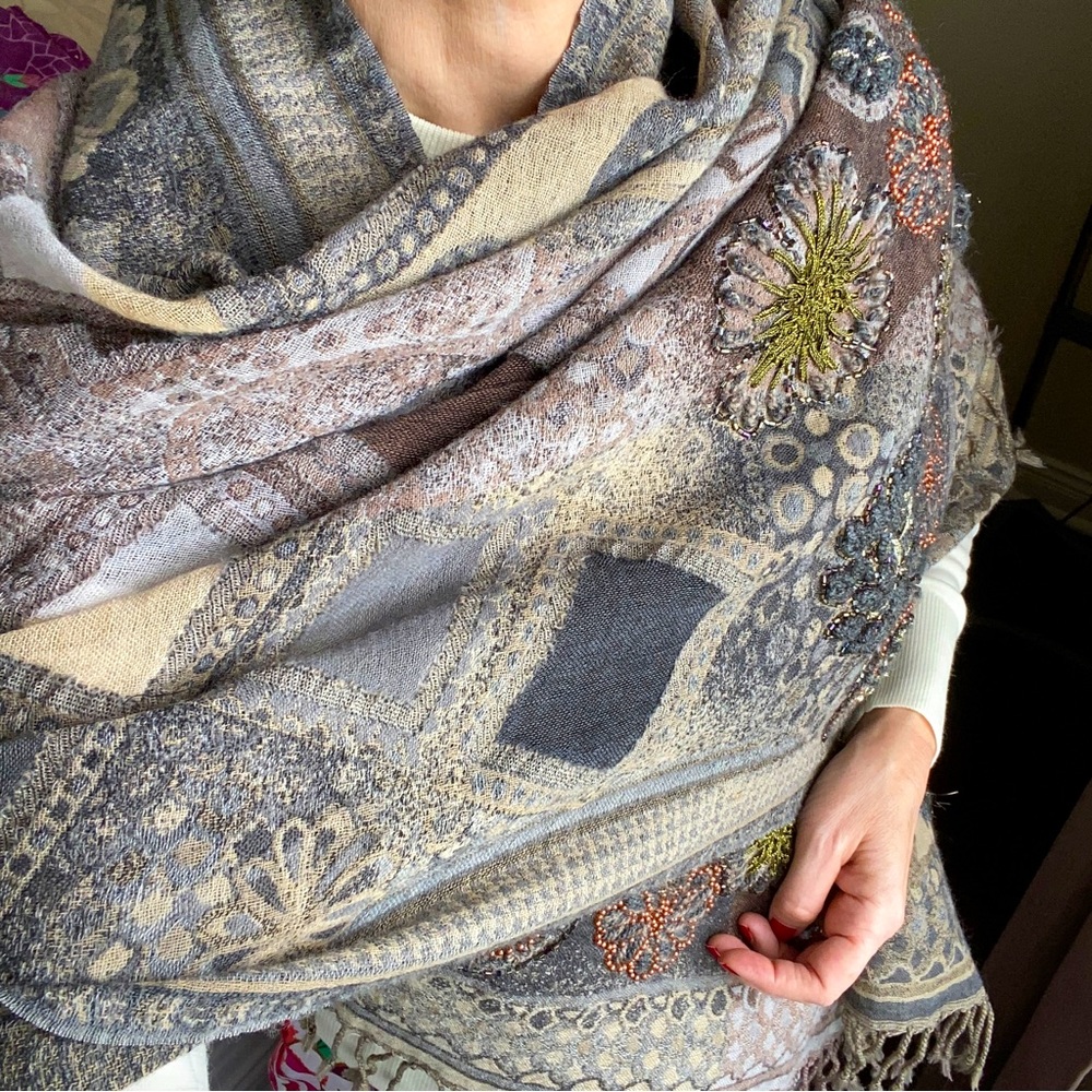 Embroidered fringed wool wrap